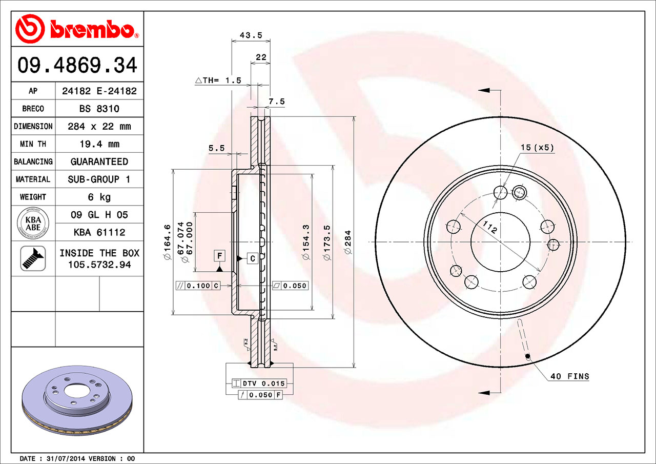 Mercedes Brembo Disc Brake Rotor - Front (284mm) 124421161264